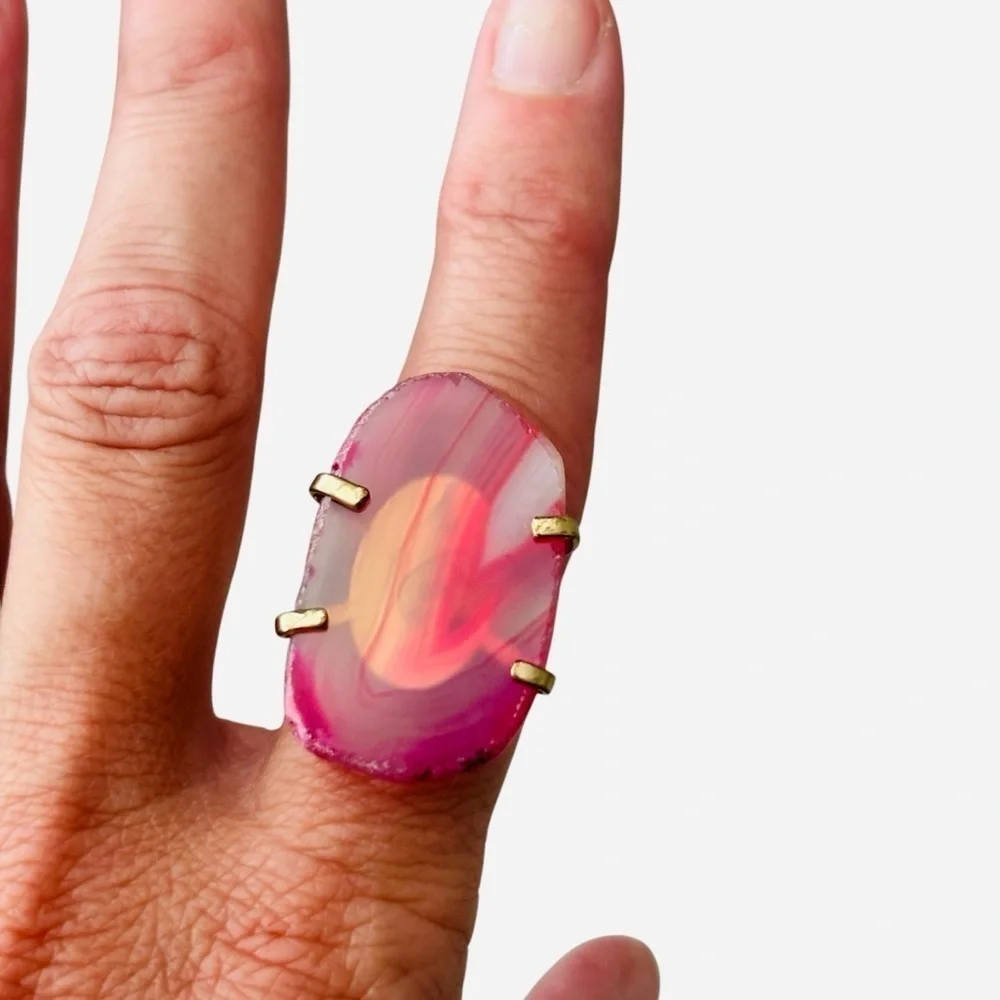 Pink Agate Looking Adjustable Ring Gold Tone Gemstone